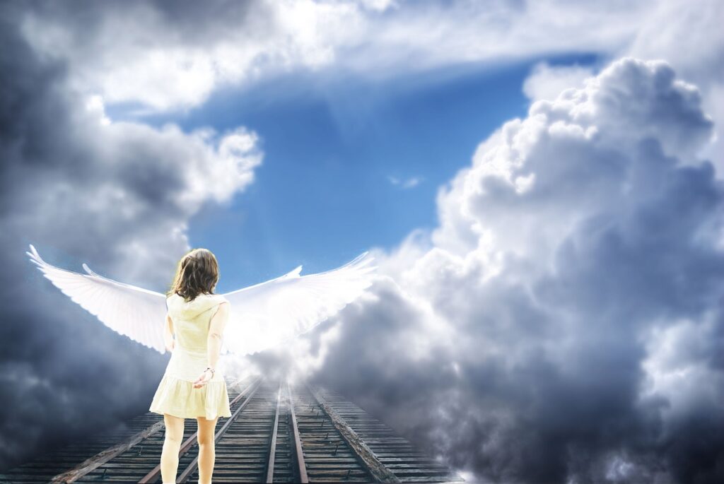 angel, heaven, clouds, light, the shade, soul, heavenly, blue, god, nature, life, rails, path, souvenir, faith, wing