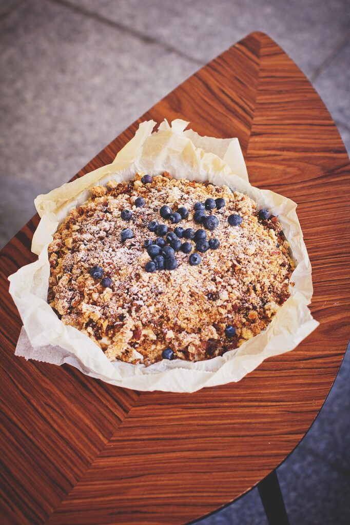 food, drinks, blueberries, blueberry, cake, crumble, fresh, fruit, fruits, homemade, pie, sweet, table