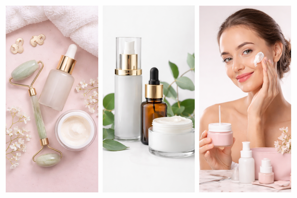 A serene and elegant display of skincare products for GlowWithGraceNow.com. The first image shows a flat lay of a facial roller, serum dropper bottle, and cream jar on a soft pink background with delicate flowers. The second image features a minimalist arrangement of pump and dropper bottles with green leaves in the background. The third image shows a smiling woman applying cream to her face, holding a jar of moisturizer with additional skincare products in front of her, highlighting a clean, fresh, and modern beauty routine.